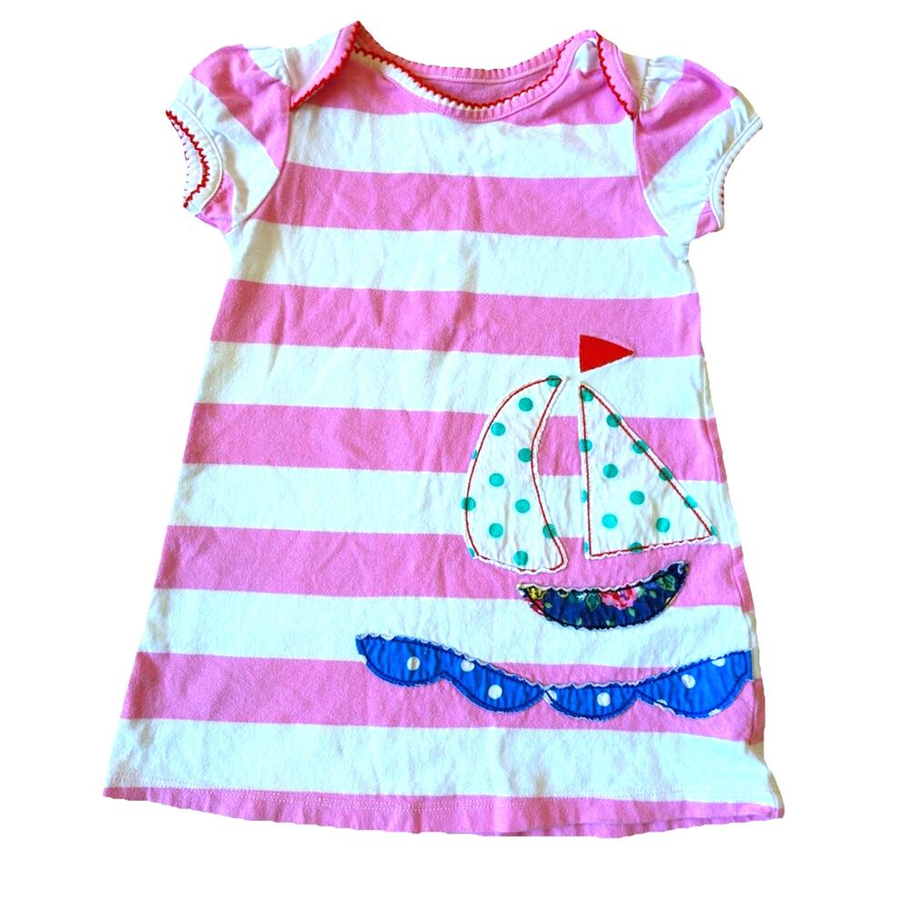 Mini Boden Baby Girls Dress 6-12 M Striped Pink Sailboat Nautical Embroidery
